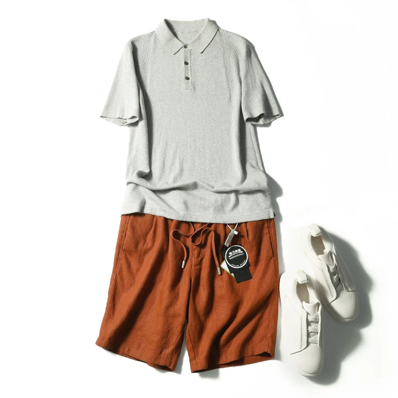 Linen shorts men's summer thin cool middle pants straight loose solid color Japanese retro casual five-point pants