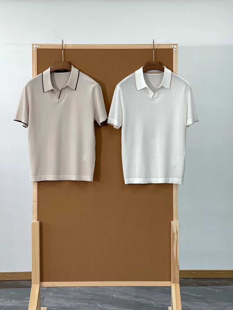High-luxury business commuting, Lyocell + mulberry silk, simple elastic knitted casual lapel short-sleeved polo shirt