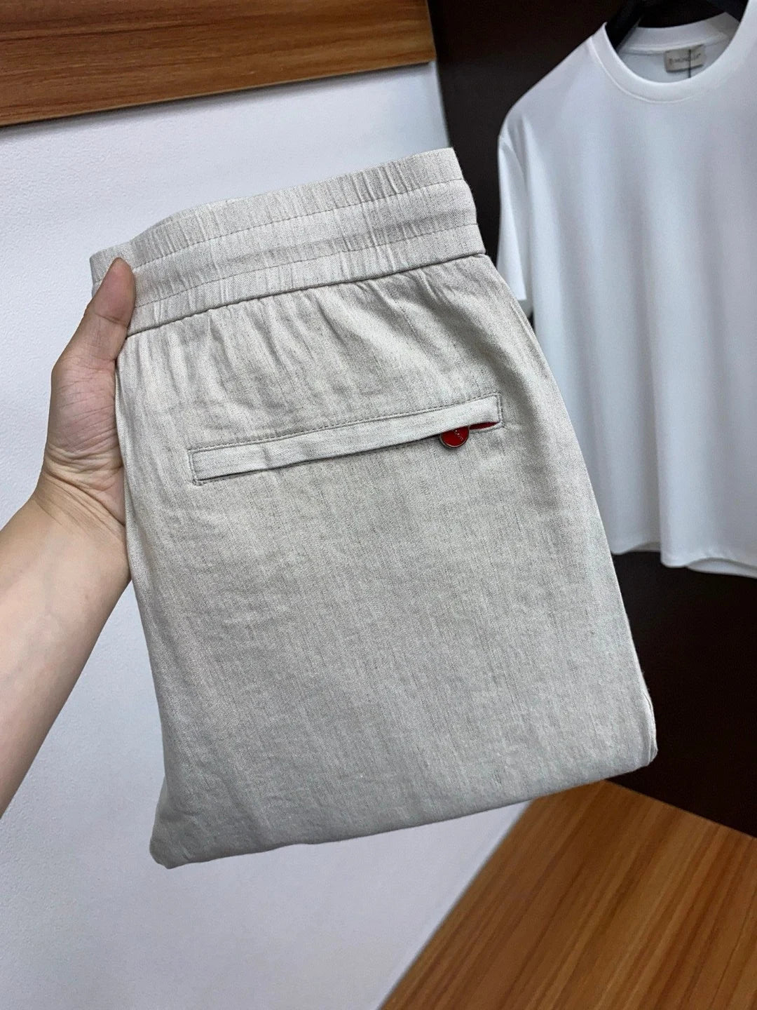 Italian Kiton cotton and linen light elastic waist tether straight casual pants