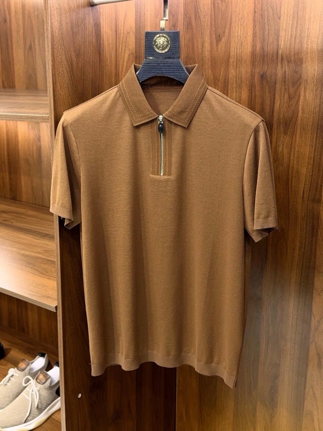 LP old money style light luxury summer cotton mixed linen lapel half zipper short sleeved minimalist business casual polo shirt