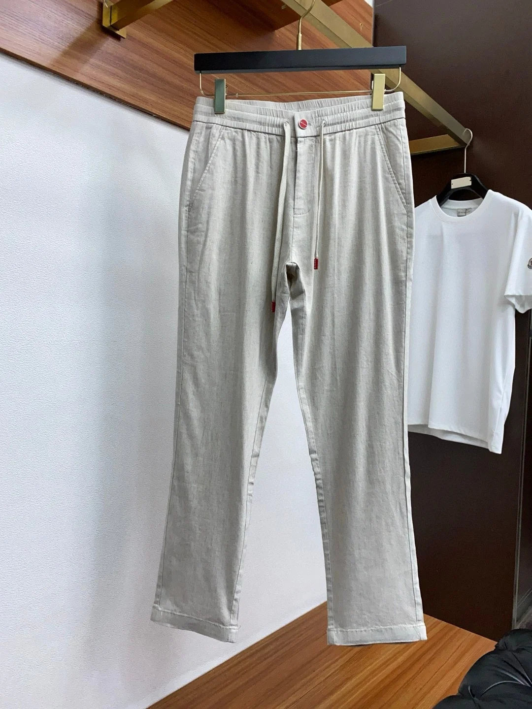 Italian Kiton cotton and linen light elastic waist tether straight casual pants