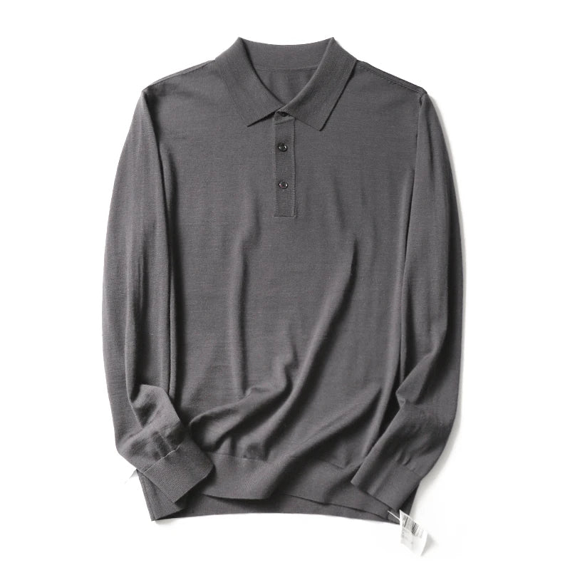 Spring Fashion Business Casual Wool Knitted Sweater Solid Color Long Sleeve POLO Shirt