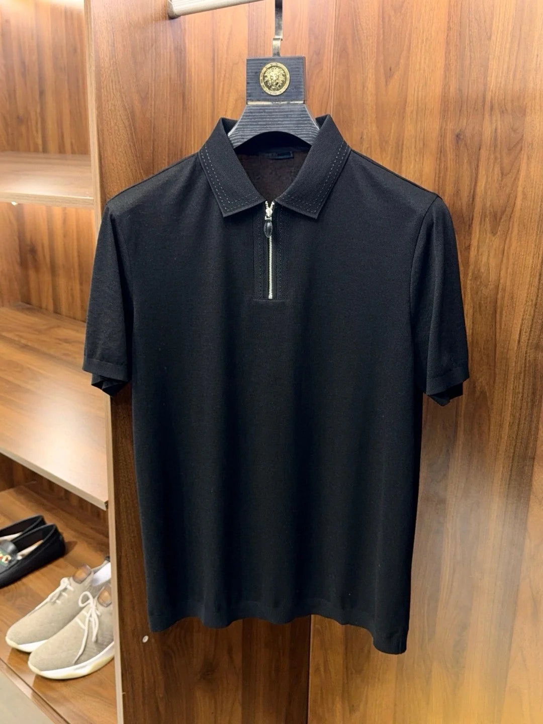 LP old money style light luxury summer cotton mixed linen lapel half zipper short sleeved minimalist business casual polo shirt