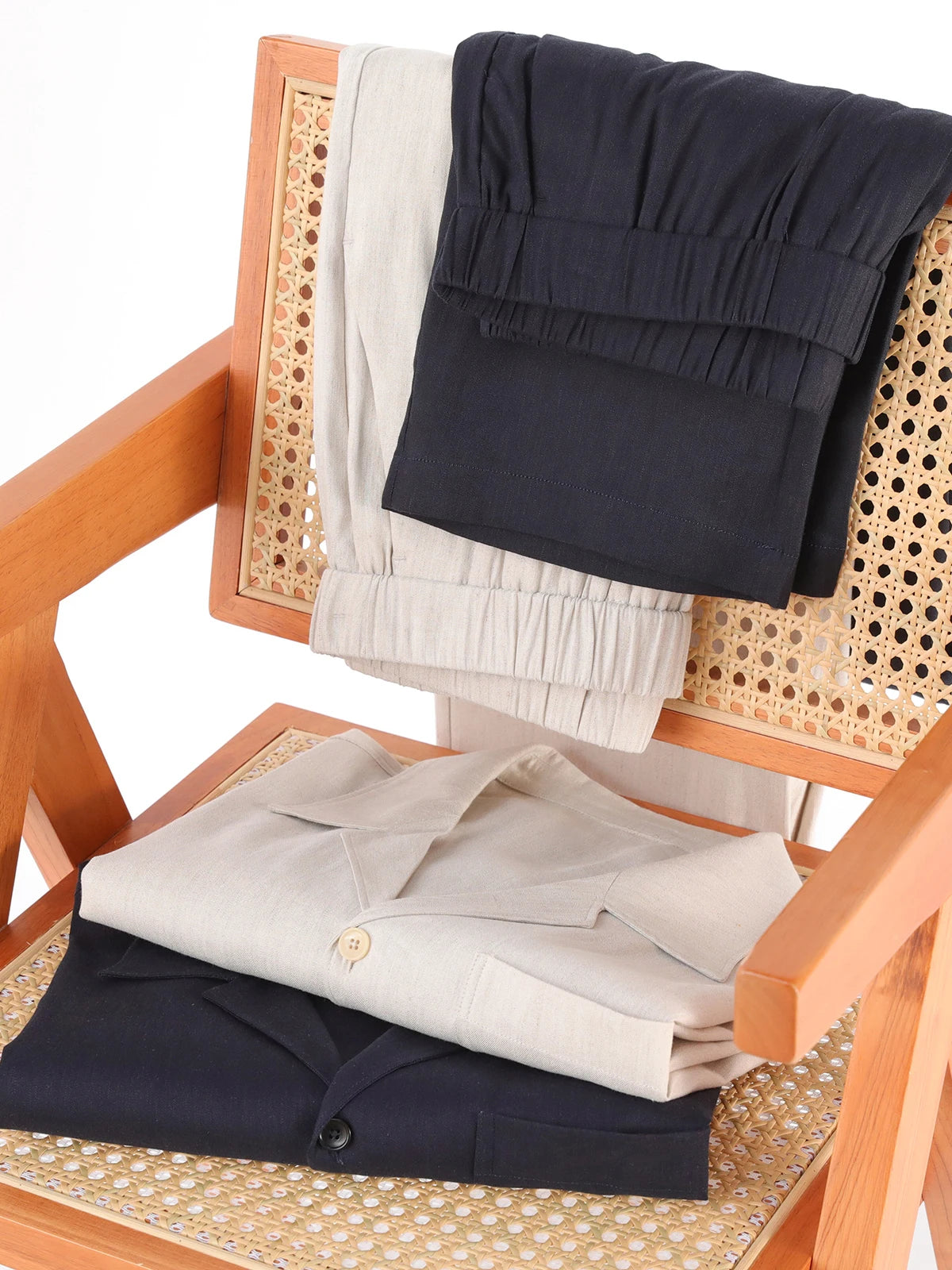 2025 summer new men's high-end old money style linen short-sleeved shirt set lazy style two-piece set