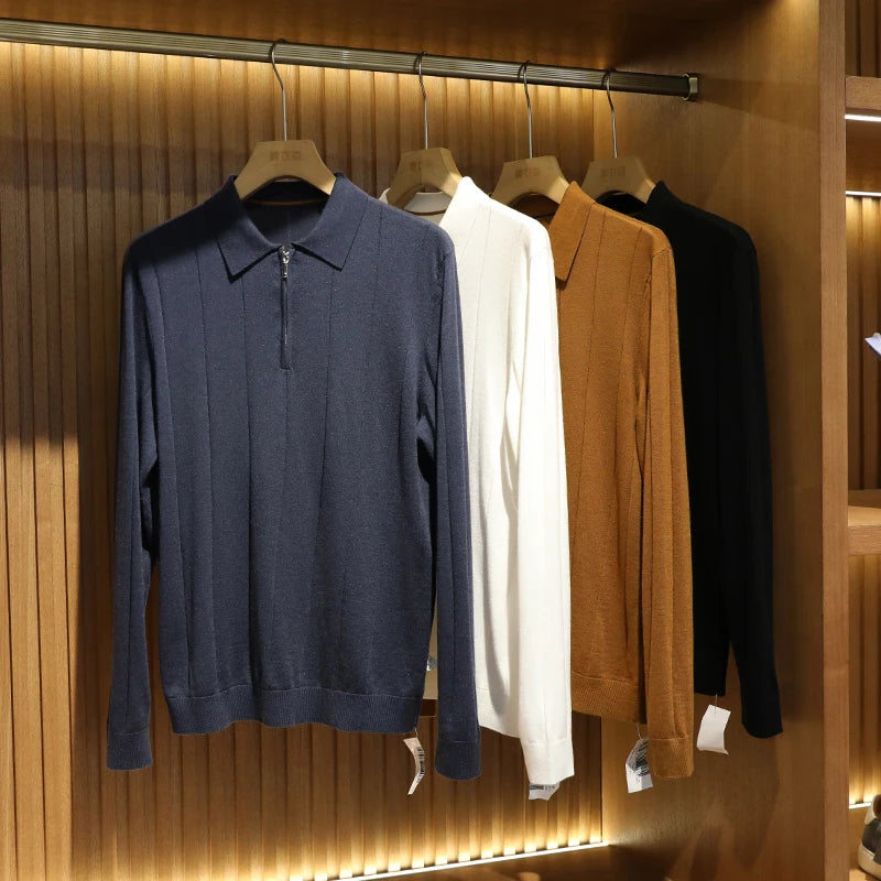 High quality, mulberry silk + cashmere autumn and winter fashion high-end knitted POLO shirt men's lapel sweater