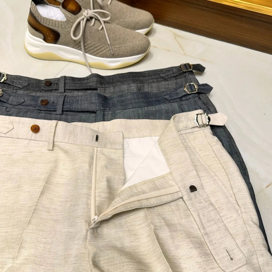 Italian style European and American LP light luxury men's summer linen Tencel straight tube minimalist business casual trousers