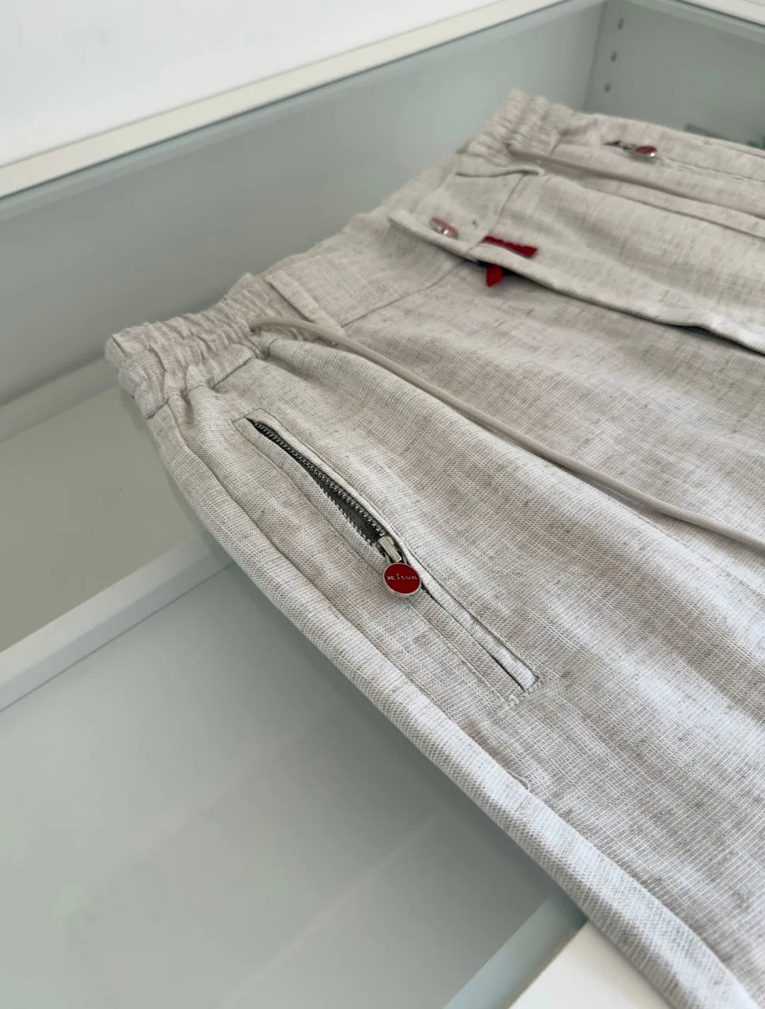 Italian Kiton vintage style summer high version elastic waist straight leg linen casual pants