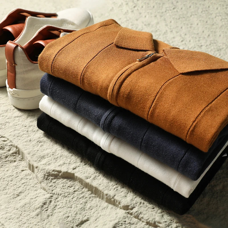 High quality, mulberry silk + cashmere autumn and winter fashion high-end knitted POLO shirt men's lapel sweater