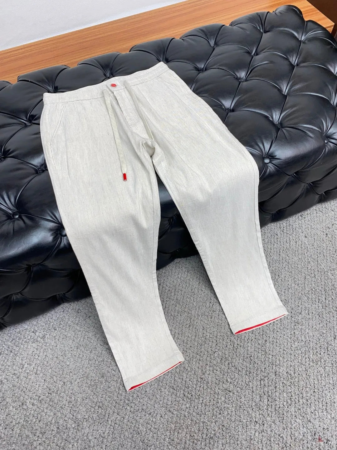 Italian Kiton cotton and linen light elastic waist tether straight casual pants