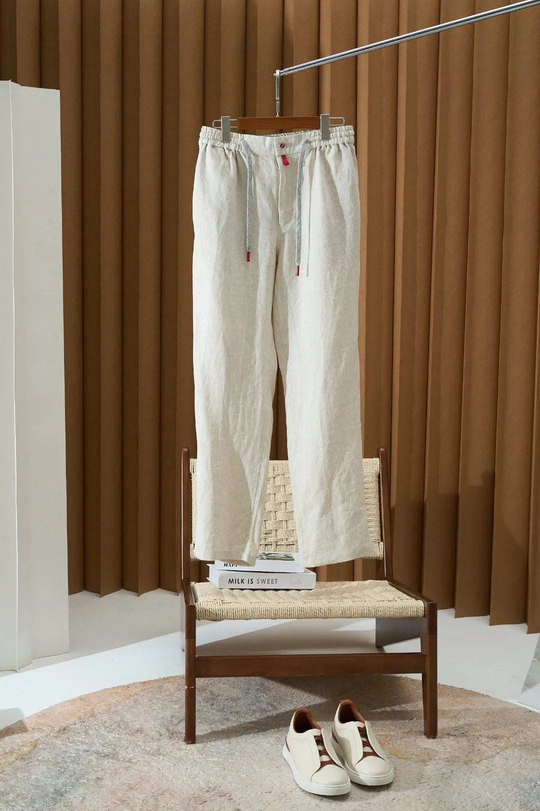 Italian Kiton vintage style summer linen elastic waist straight leg casual pants