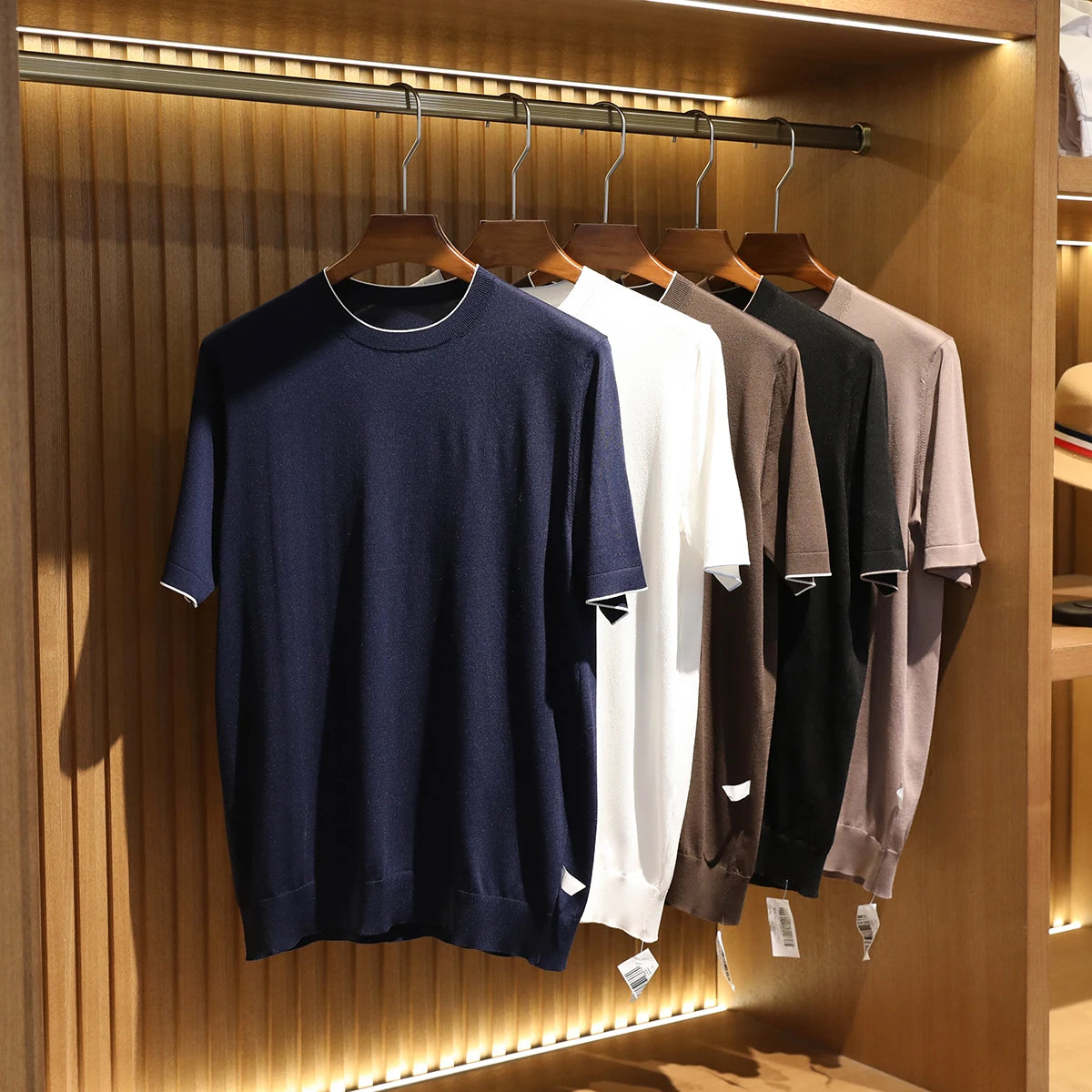 2025 summer new men's urban commuting solid color Tencel mulberry silk blended cool knitted short-sleeved T-shirt