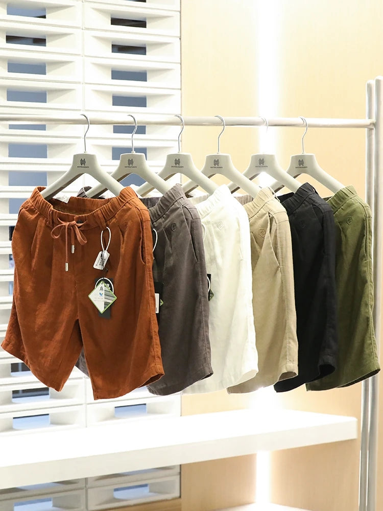 Linen shorts men's summer thin cool middle pants straight loose solid color Japanese retro casual five-point pants