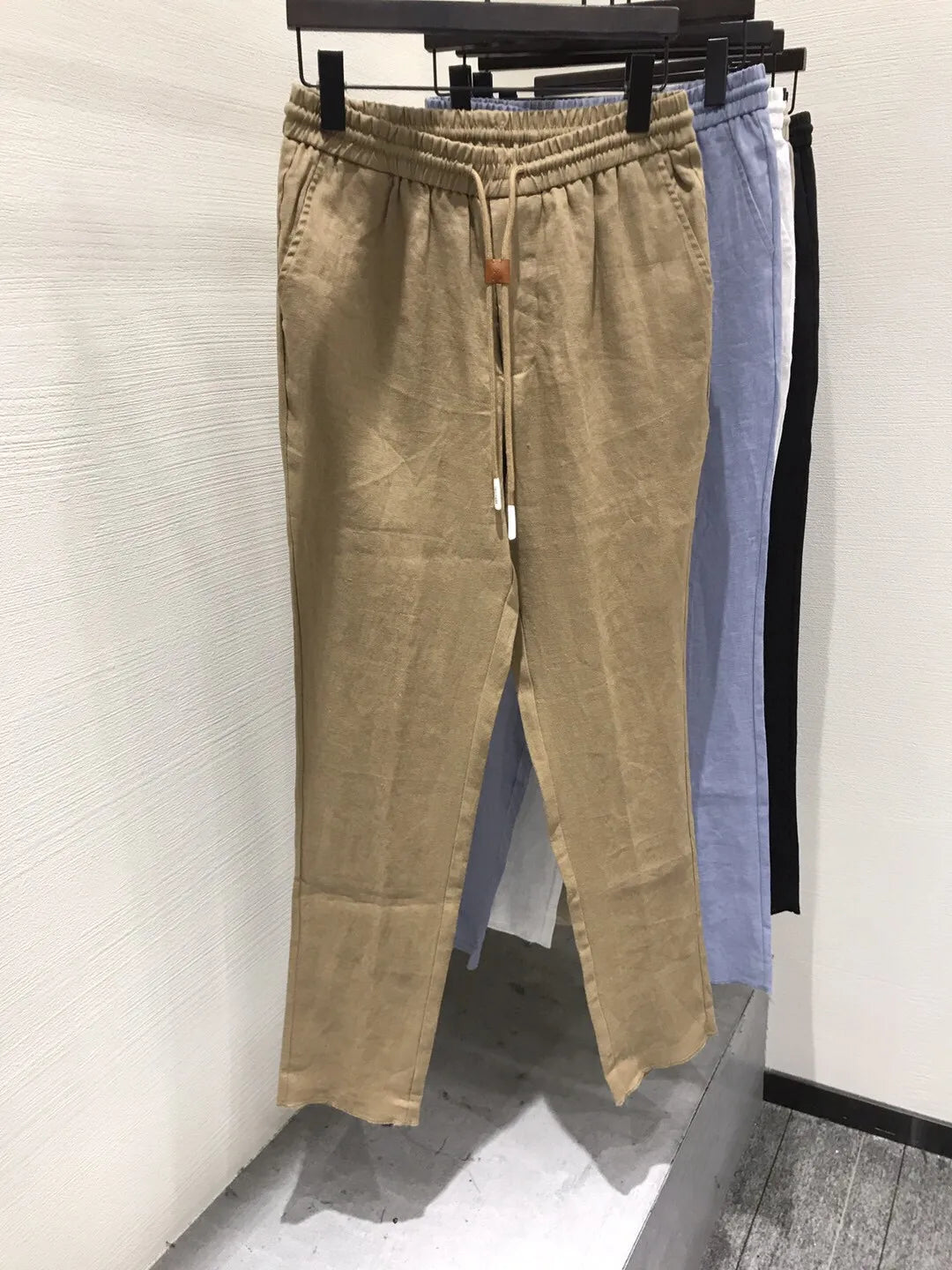 LP old money style light luxury summer pure linen elastic waist tied rope small straight leg casual pants