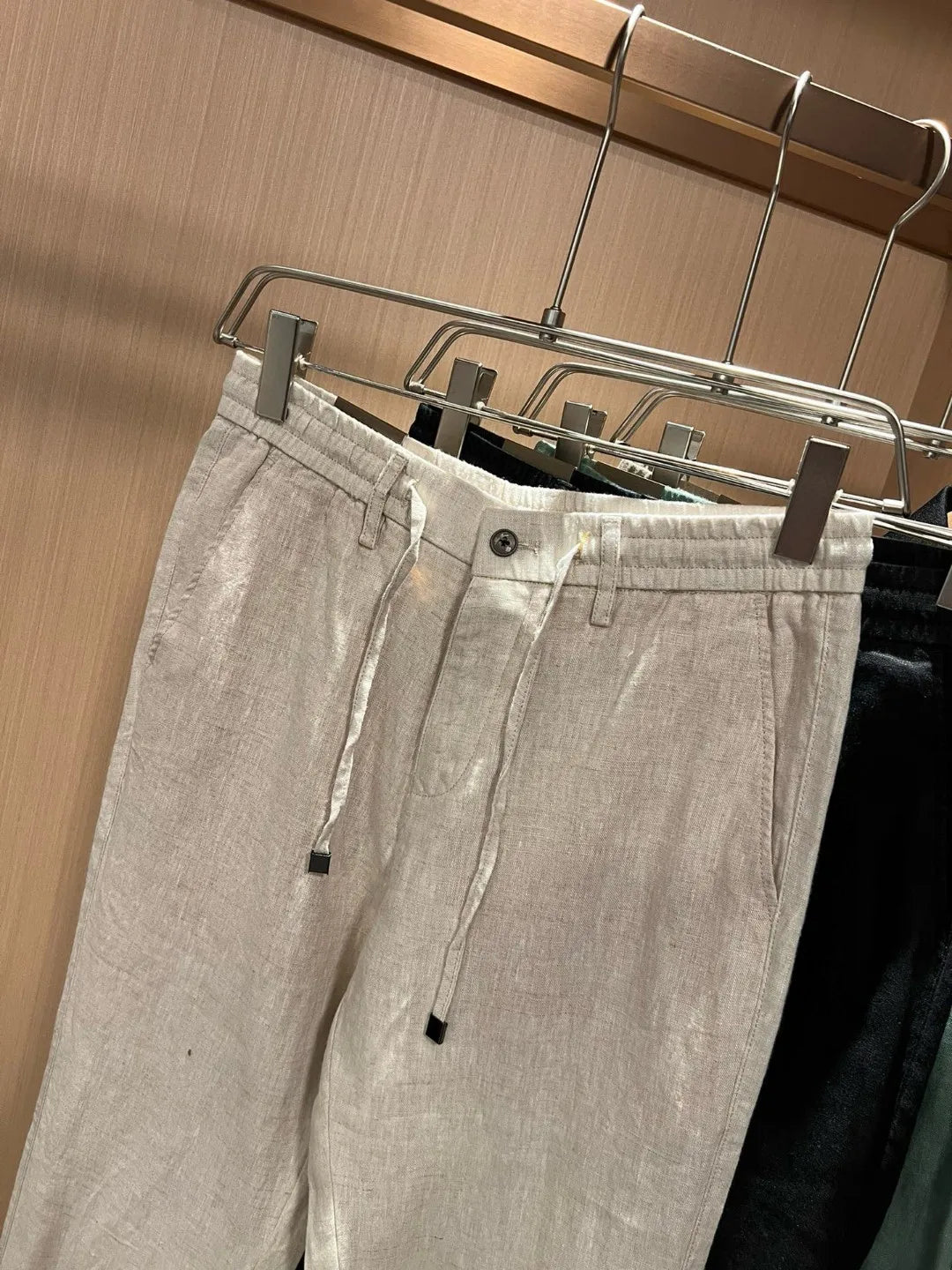 European and American light luxury LP men's summer pure linen elastic waist tether small straight casual pants