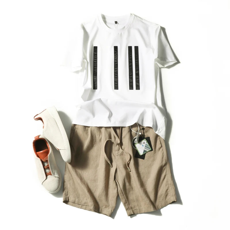 Linen shorts men's summer thin cool middle pants straight loose solid color Japanese retro casual five-point pants