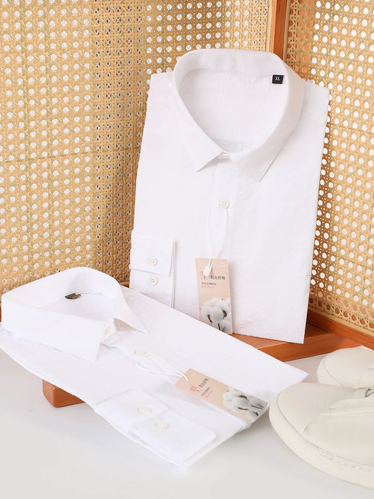 2025 spring and summer new men's high-end white light luxury temperament seersucker cotton long-sleeved shirt 1035
