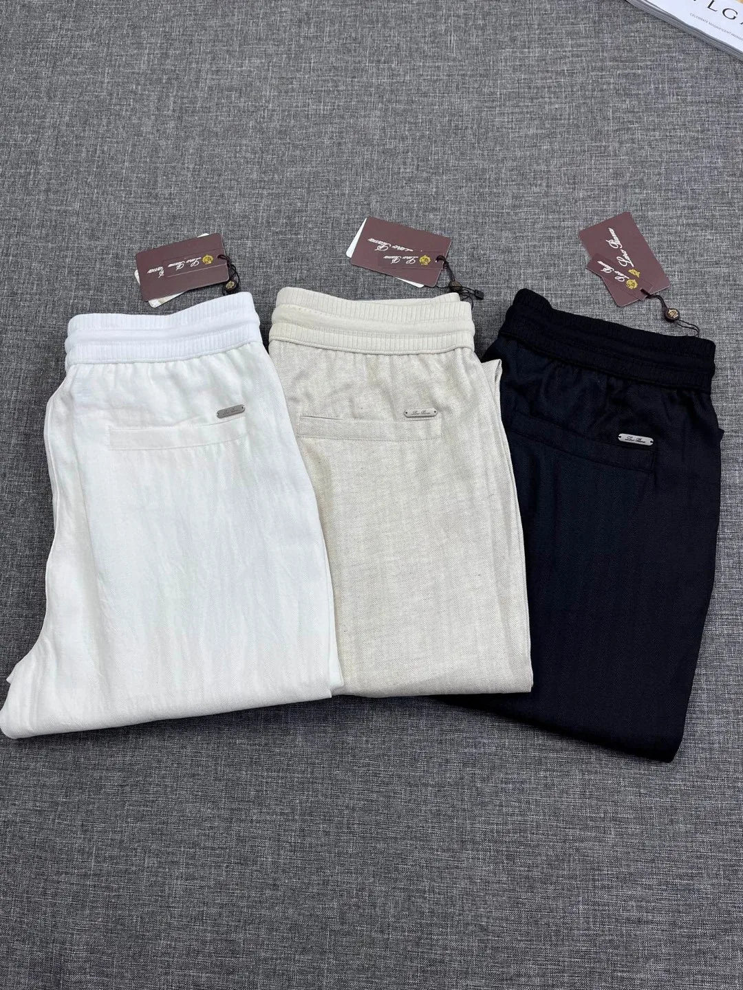 Italian old money style European and American light luxury linen Tencel elastic waist tether straight casual pants