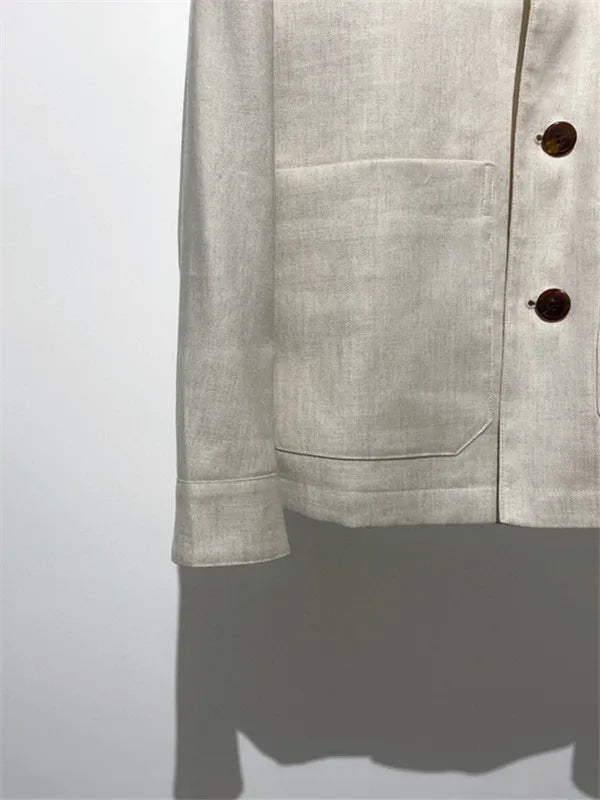 Classic old money style, high-end skin-friendly texture, breathable lapel linen tooling jacket