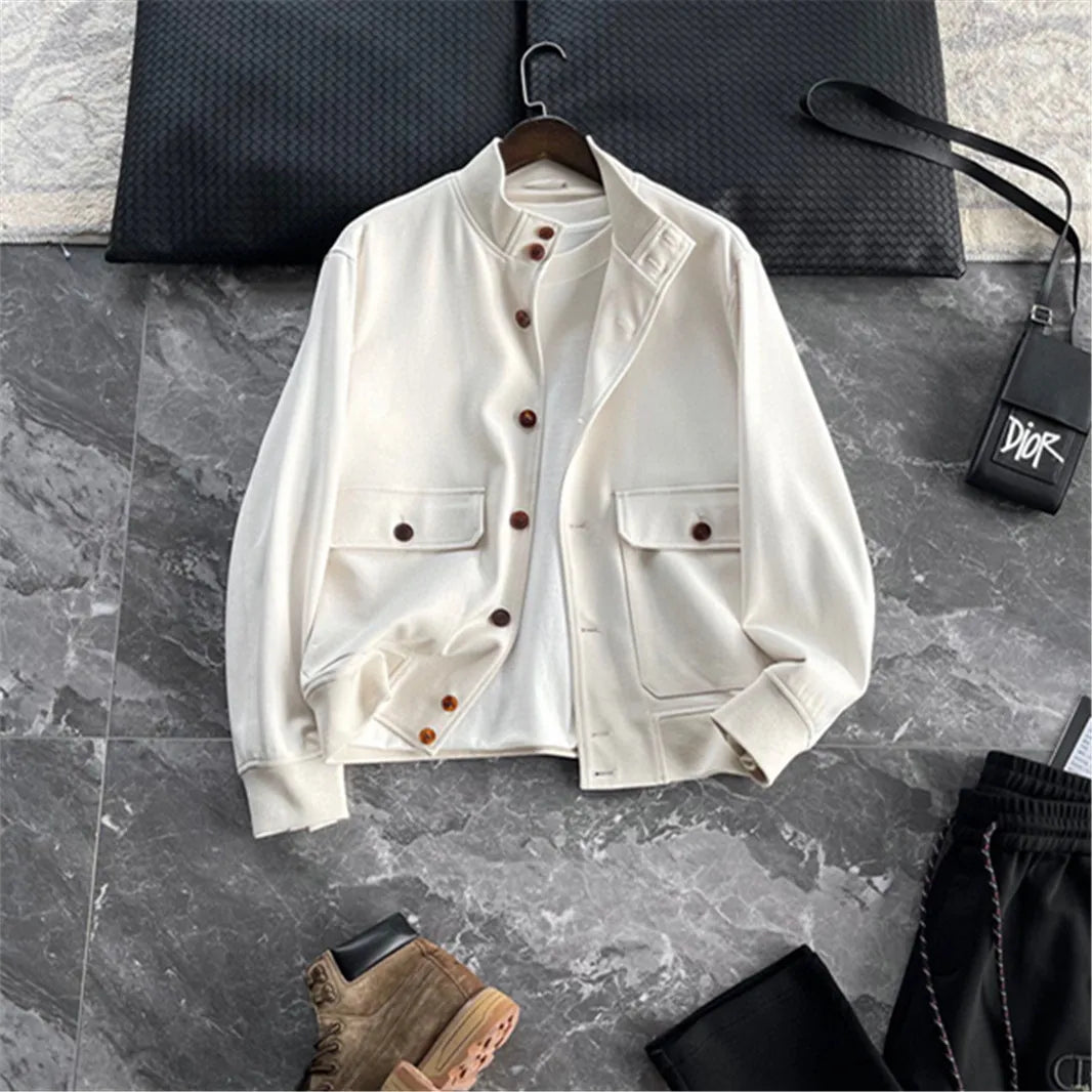 BC old money style, Lyocell wool, classic multi-pocket business casual stand-up collar jacket
