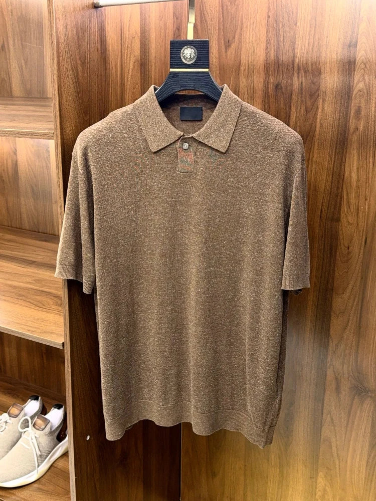 High Quality, Linen Blend, Elegant Business Commuter Stretch Knitted Sweater Lapel Short Sleeve T-Shirt Polo Shirt