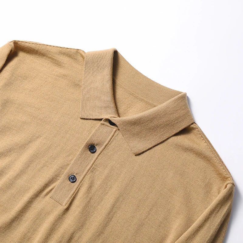 Spring Fashion Business Casual Wool Knitted Sweater Solid Color Long Sleeve POLO Shirt