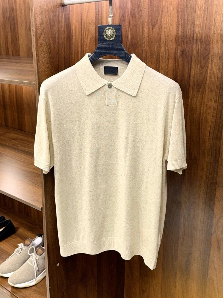High Quality, Linen Blend, Elegant Business Commuter Stretch Knitted Sweater Lapel Short Sleeve T-Shirt Polo Shirt