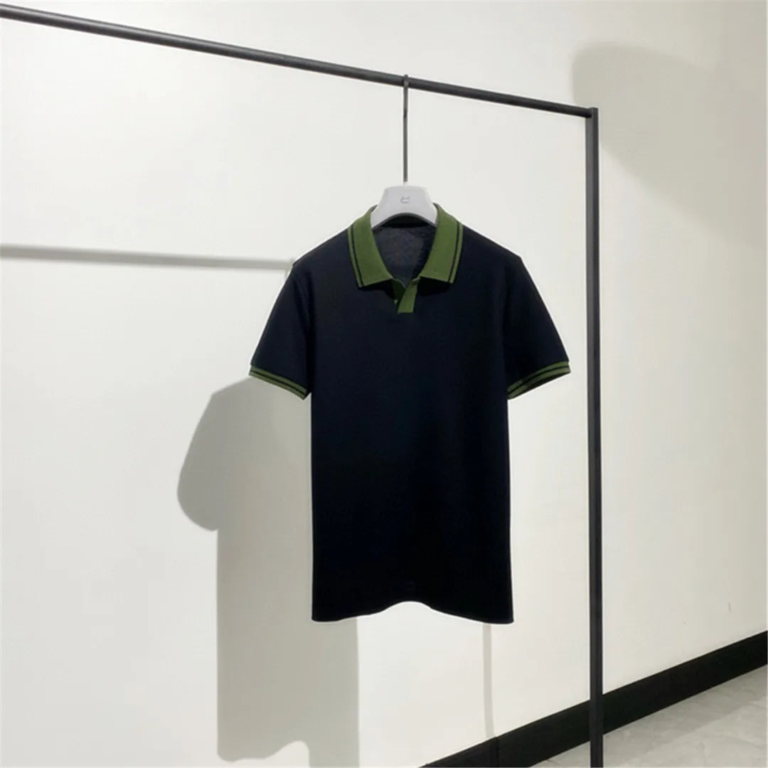 Contrast Color Design Business Casual 100% Cotton High Texture Lapel Short Sleeve T-Shirt Polo Shirt