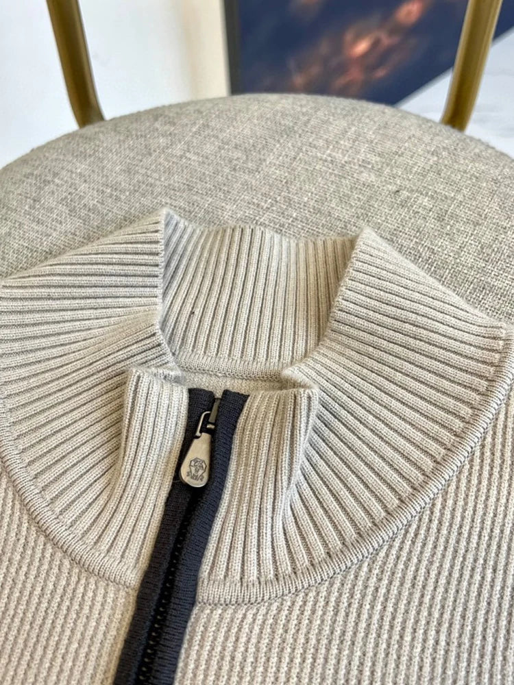 Italy BC new cashmere fabric contrasting zipper stand up collar fashionable casual men's knitted jacket