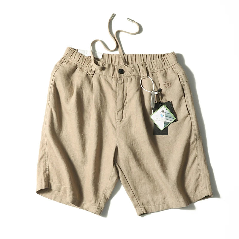 Linen shorts men's summer thin cool middle pants straight loose solid color Japanese retro casual five-point pants