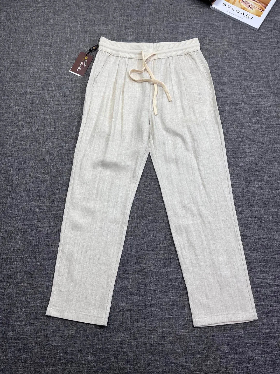 Italian old money style European and American light luxury linen Tencel elastic waist tether straight casual pants