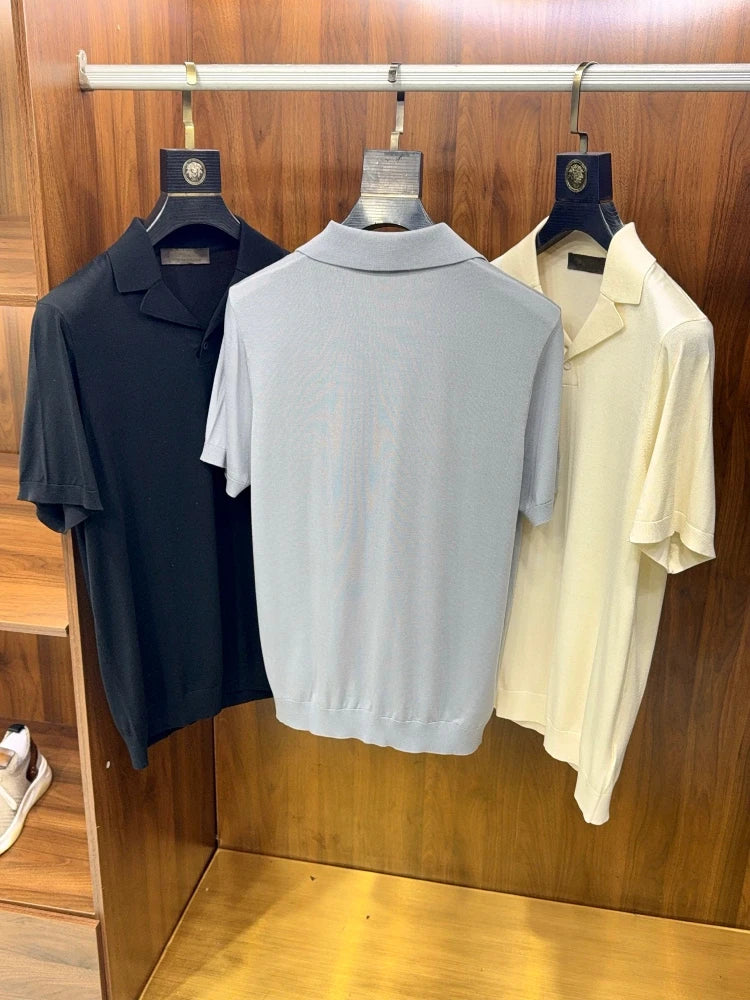 Cuban collar design, mulberry silk cotton blend, classic lapel business casual short-sleeved polo shirt