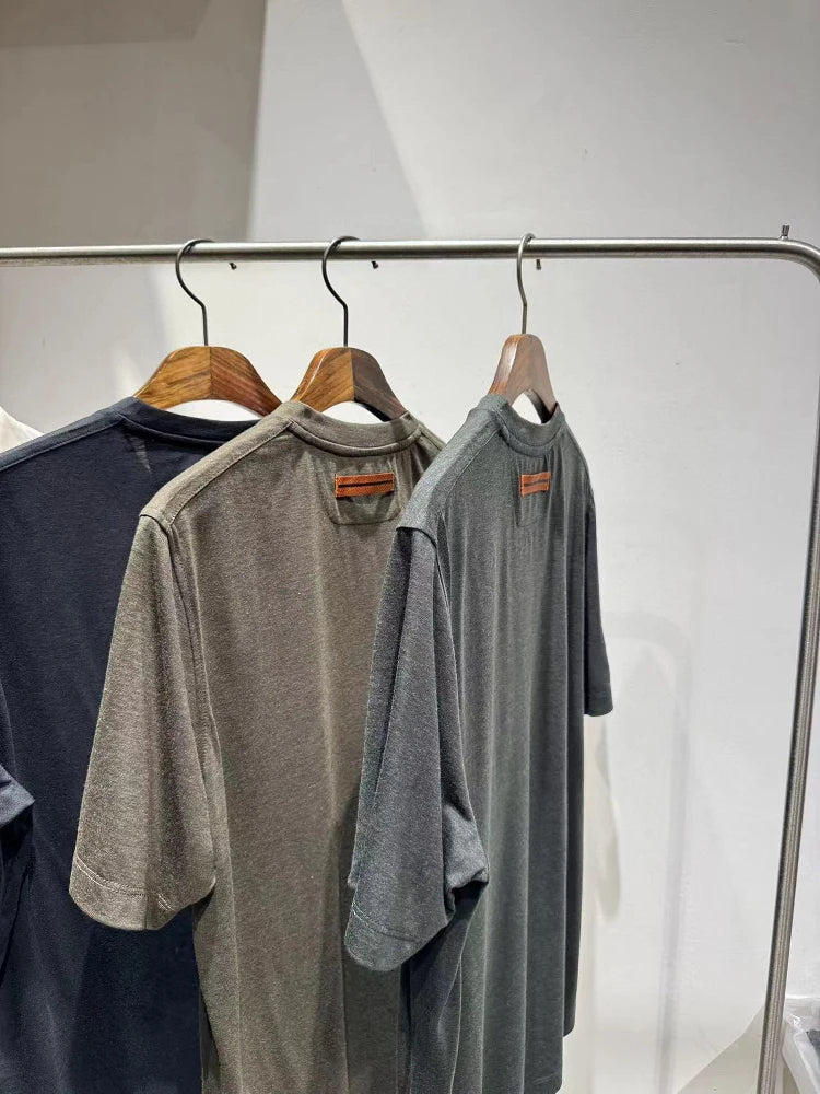 Wool blended 2025 spring and summer new, toothbrush embroidered contrasting color round neck casual short-sleeved T-shirt
