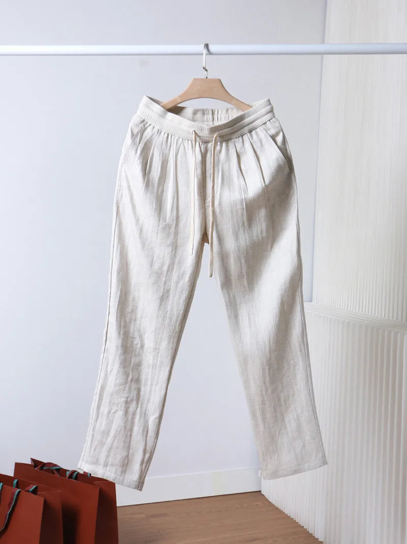 Italian LP old money style simple summer Tencel linen straight tube drawstring elastic waist casual pants
