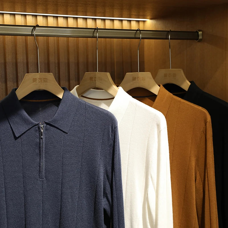 High quality, mulberry silk + cashmere autumn and winter fashion high-end knitted POLO shirt men's lapel sweater