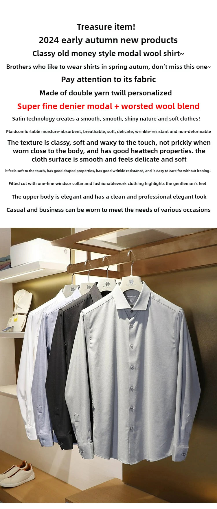 Premium old money style, spring and autumn new modal wool blended long-sleeved shirt business casual shirt