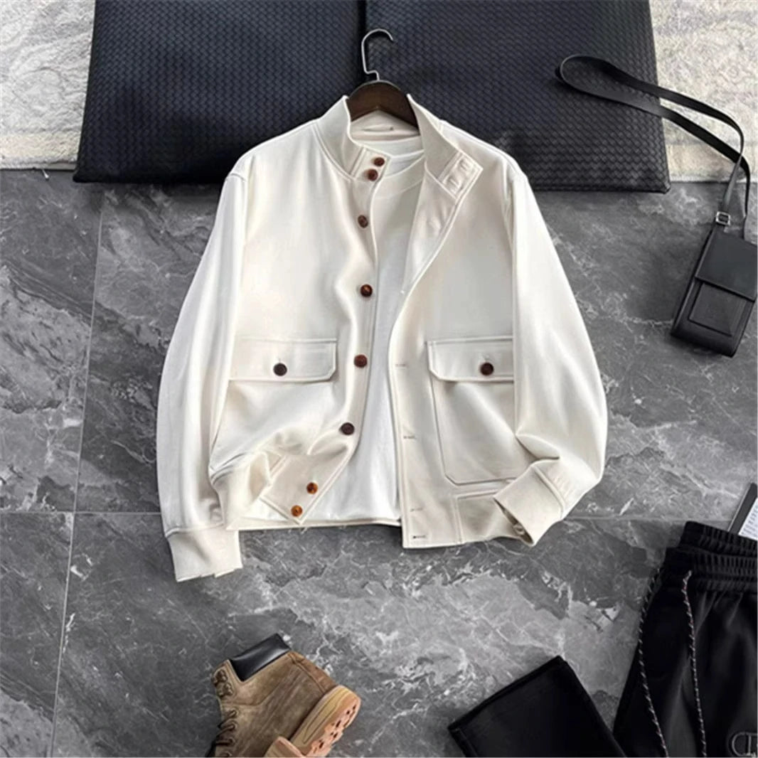 BC old money style, Lyocell wool, classic multi-pocket business casual stand-up collar jacket