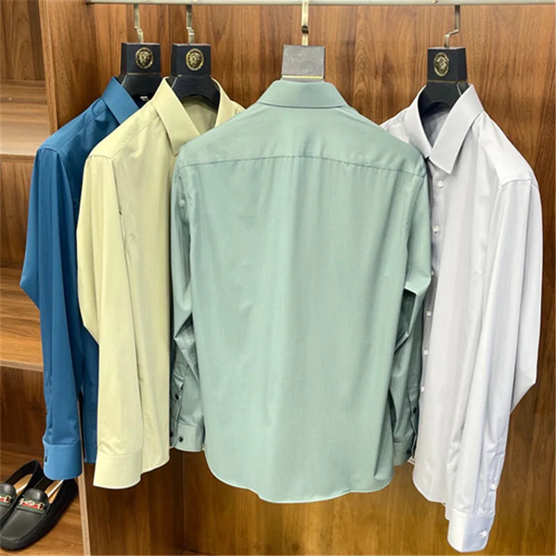 Business casual silky bamboo fiber fabric, comfortable and skin-friendly square neck long-sleeved shirt in spring and summer