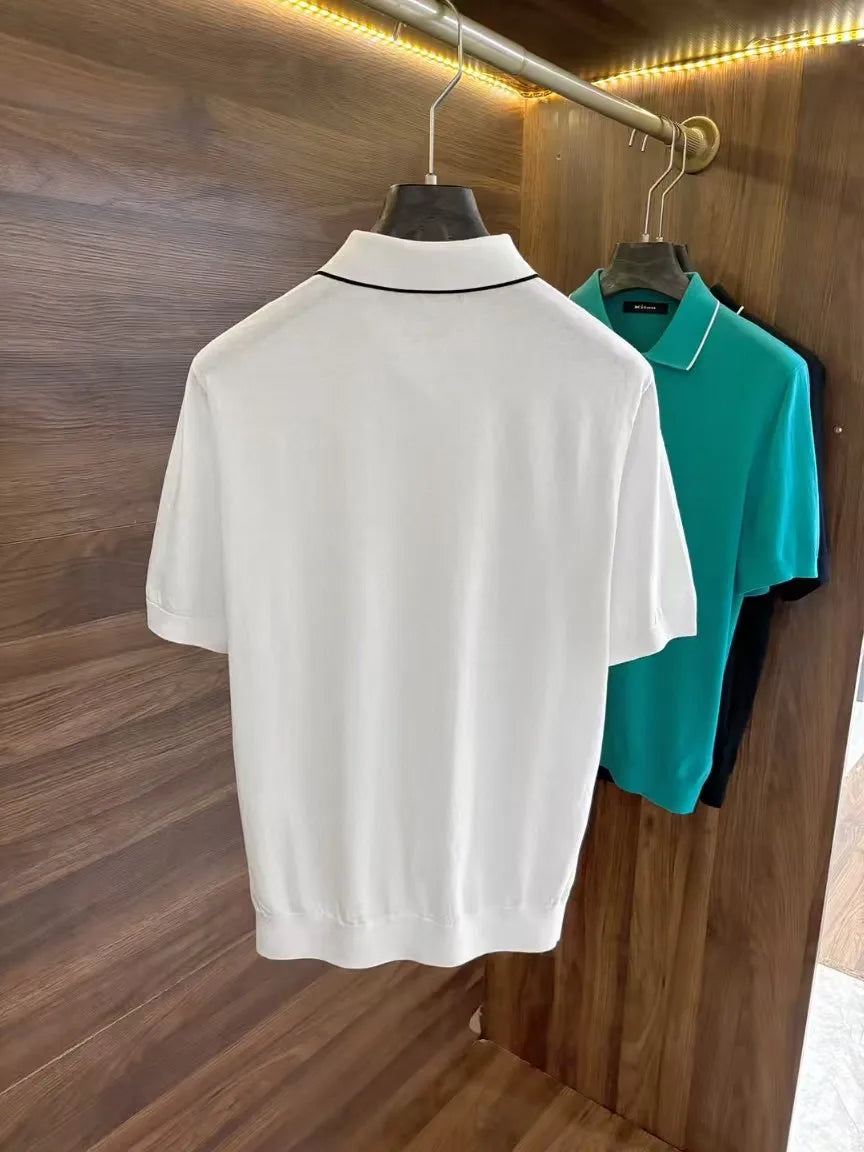 Italian kiton European and American light luxury men's spring and summer wool blended half-zipper lapel short-sleeved polo shirt