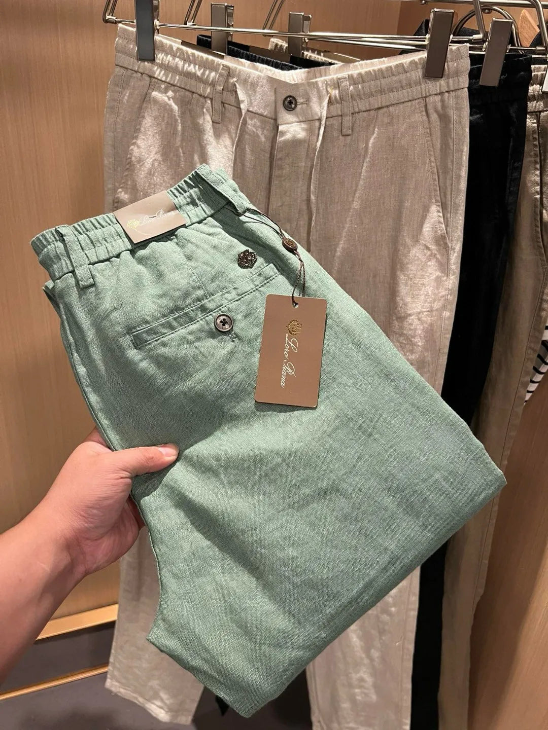 European and American light luxury LP men's summer pure linen elastic waist tether small straight casual pants