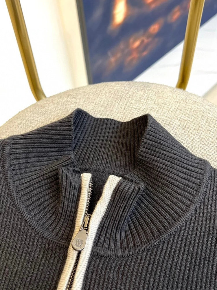 Italy BC new cashmere fabric contrasting zipper stand up collar fashionable casual men's knitted jacket