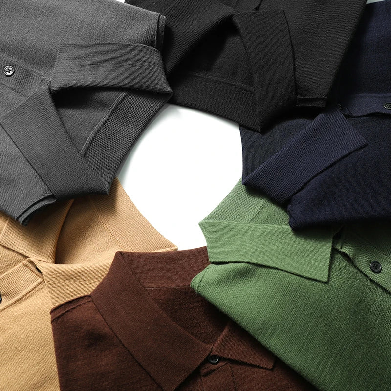 Spring Fashion Business Casual Wool Knitted Sweater Solid Color Long Sleeve POLO Shirt