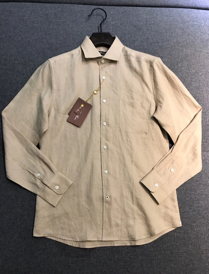 Italian LP Men's Clothing, Linen Business Casual Elegant Minimalist Long Sleeve Shirt Shirt