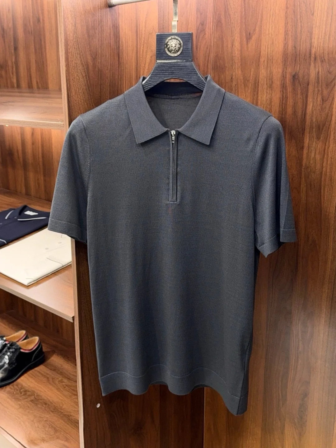 Italian old money style men's summer mulberry silk mixed lyocell lapel half zipper business casual short-sleeved polo shirt