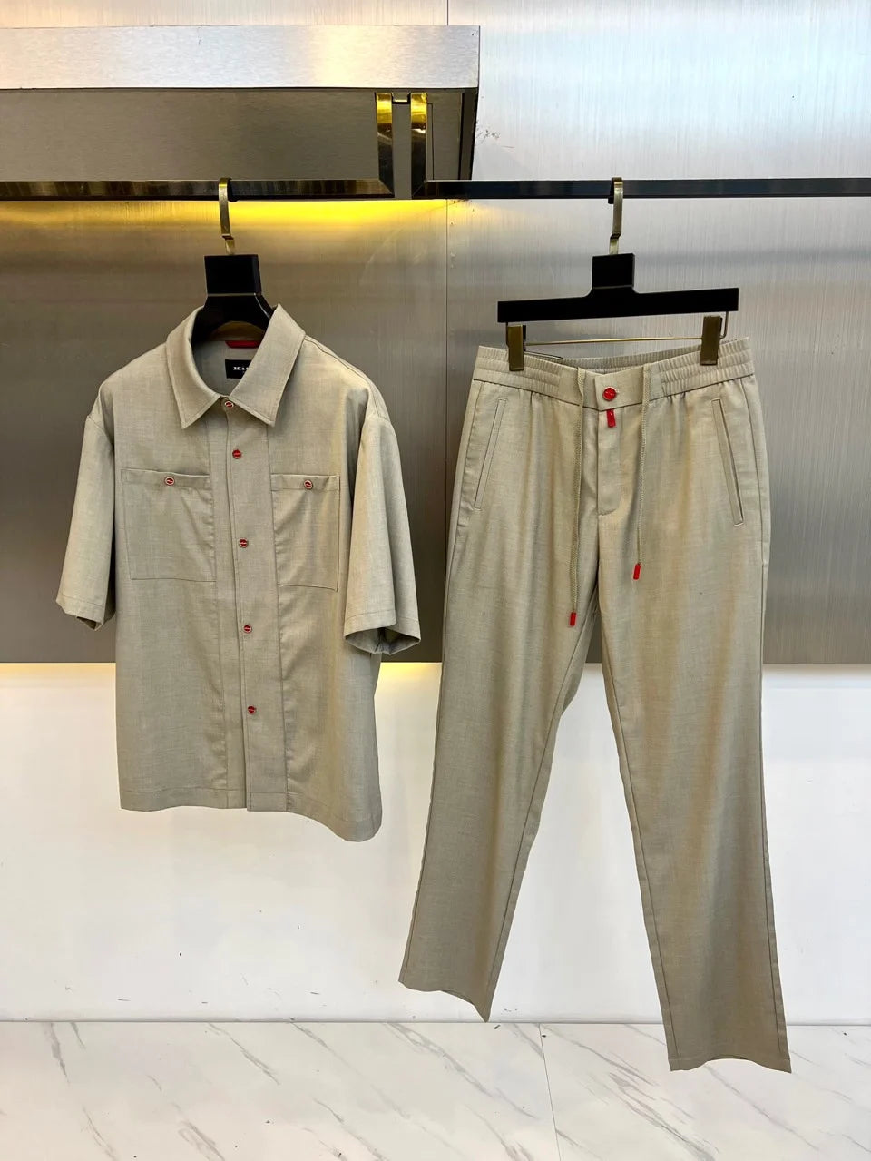 2025 summer new kiton men's lapel short-sleeved shirt simple fashion casual pants shirt set