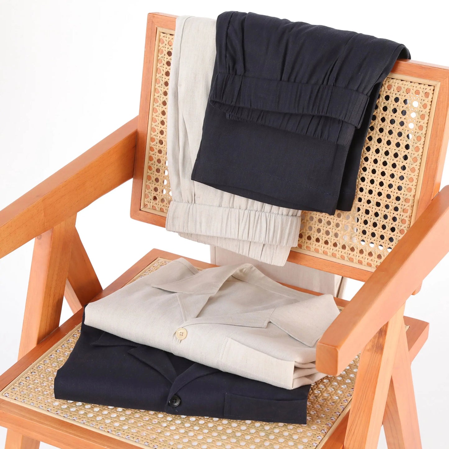 2025 summer new men's high-end old money style linen short-sleeved shirt set lazy style two-piece set