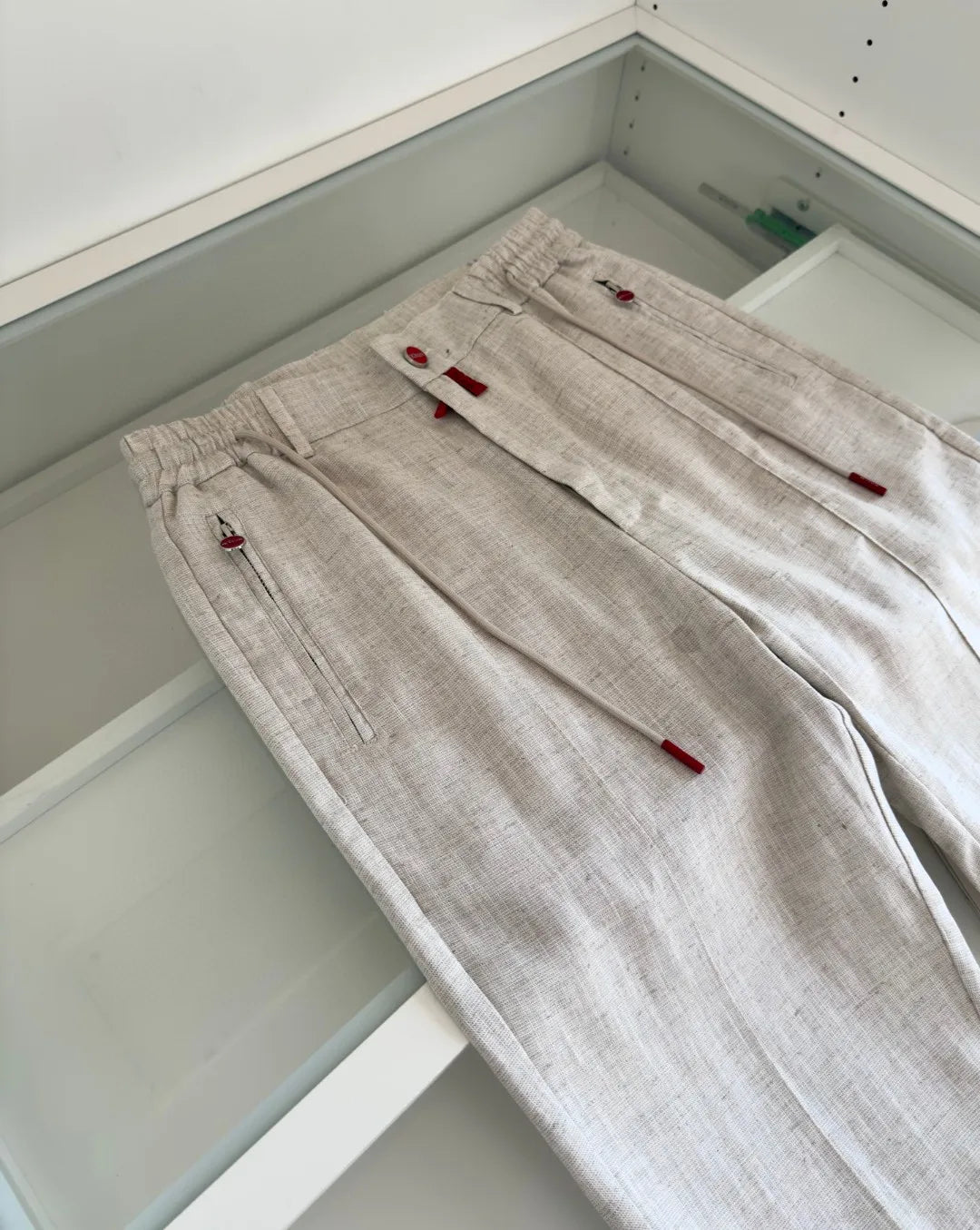 Italian Kiton vintage style summer high version elastic waist straight leg linen casual pants