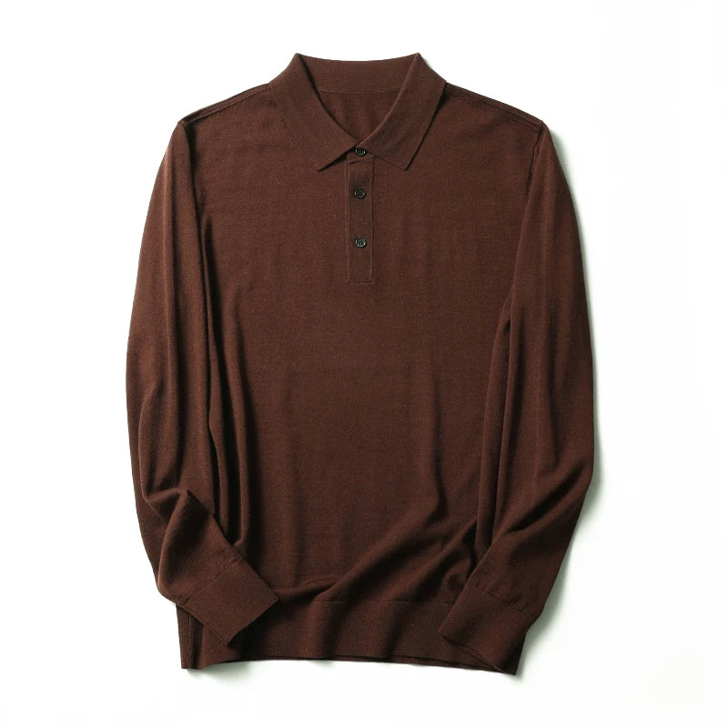 Spring Fashion Business Casual Wool Knitted Sweater Solid Color Long Sleeve POLO Shirt