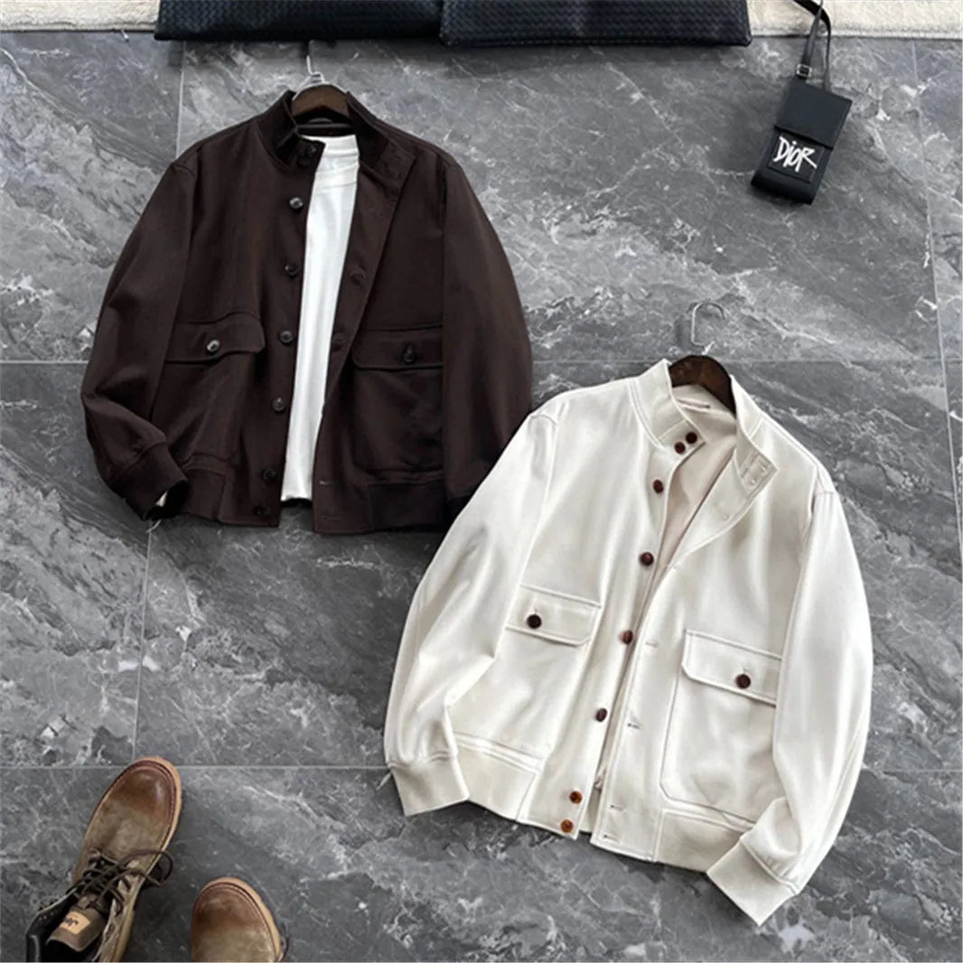 BC old money style, Lyocell wool, classic multi-pocket business casual stand-up collar jacket