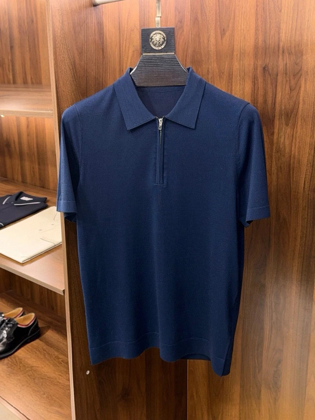 Italian old money style men's summer mulberry silk mixed lyocell lapel half zipper business casual short-sleeved polo shirt