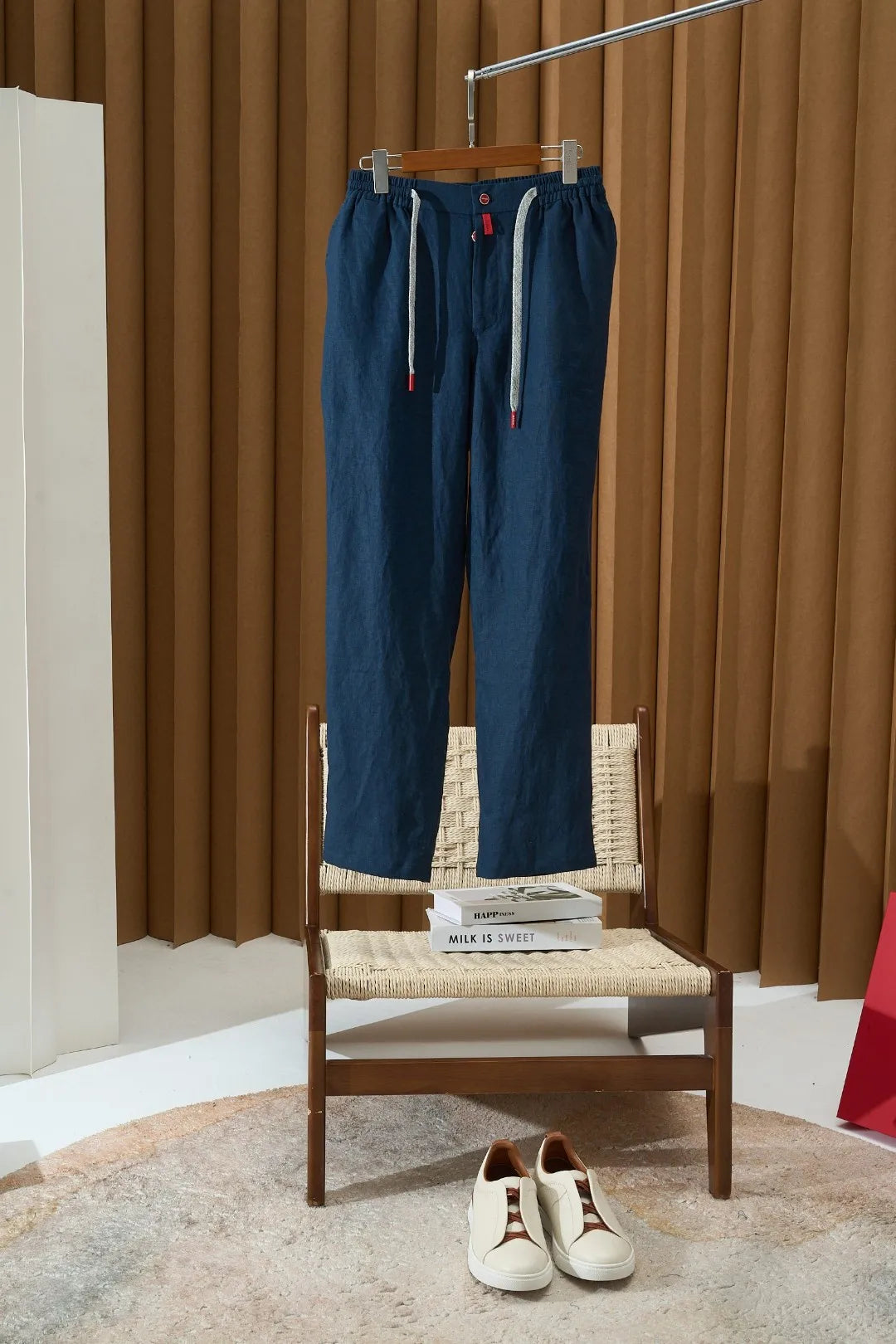 Italian Kiton vintage style summer linen elastic waist straight leg casual pants
